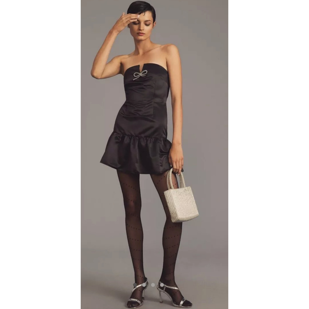 MAEVE ANTHROPOLOGIE BLACK STRAPLESS EMBELLISHED BOW FLOUNCE BUBBLE MINI DRESS S